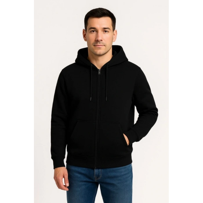 Erkek Üç İplik Kapüşonlu Tam Fermuarlı Kanguru Çepli SweatShirt Hoodie - Siyah