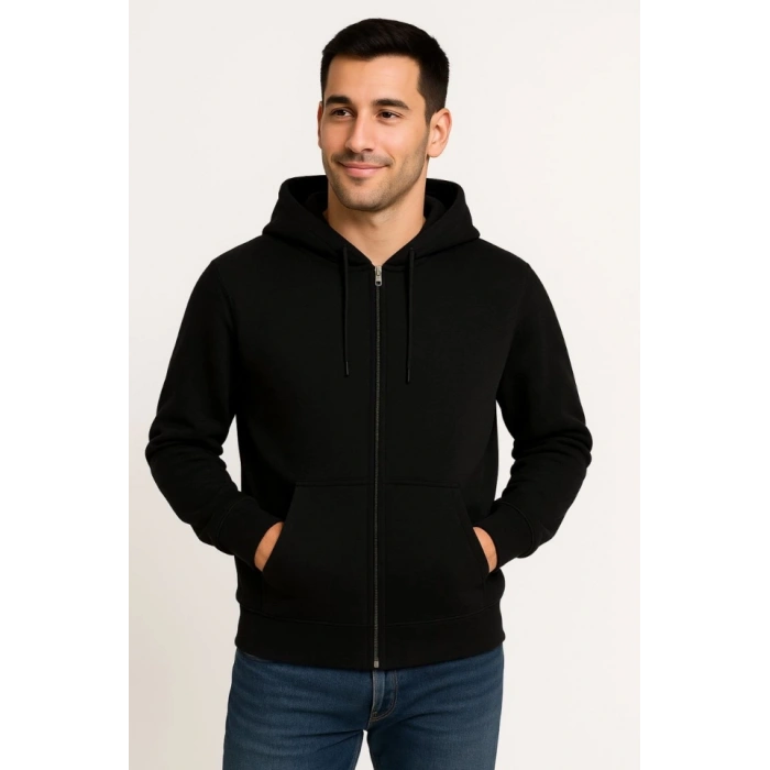 Erkek Üç İplik Kapüşonlu Tam Fermuarlı Kanguru Çepli SweatShirt Hoodie - Siyah