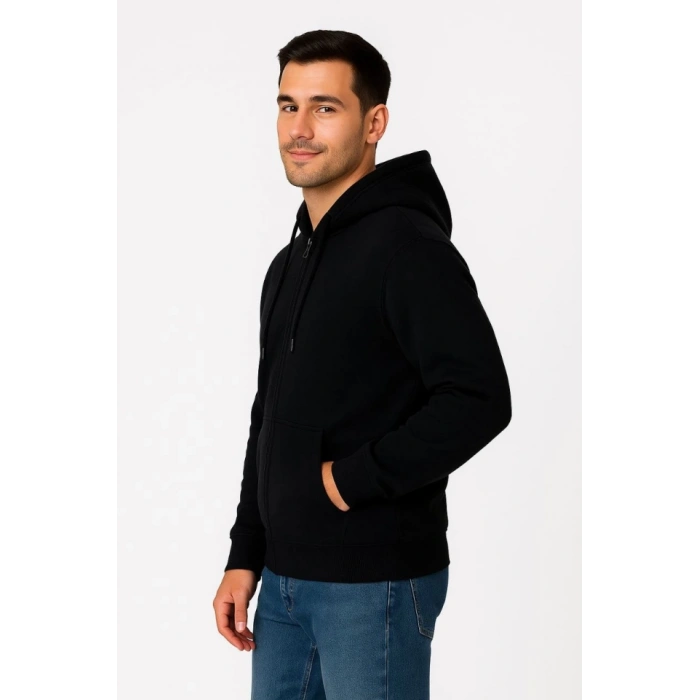 Erkek Üç İplik Kapüşonlu Tam Fermuarlı Kanguru Çepli SweatShirt Hoodie - Siyah