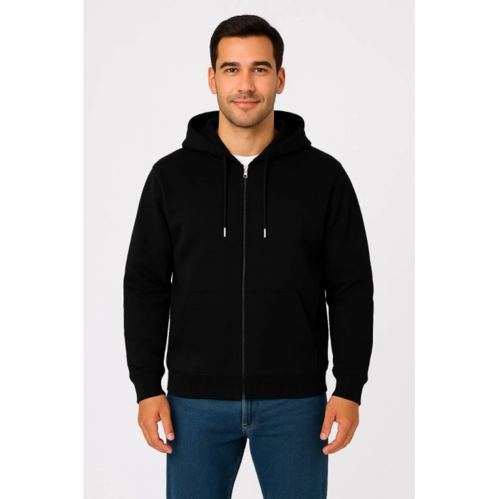 Erkek Üç İplik Kapüşonlu Tam Fermuarlı Kanguru Çepli SweatShirt Hoodie - Siyah