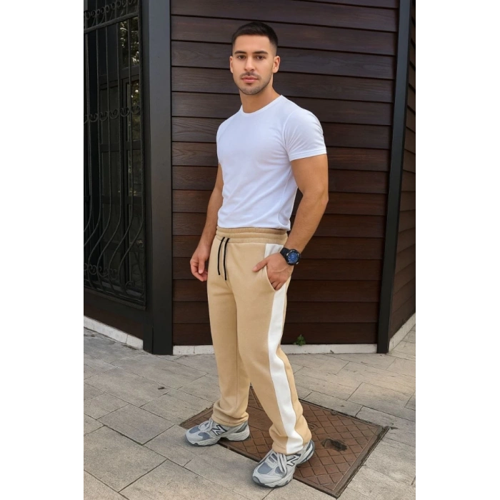 Erkek Üç İplik Kışlık Pamuklu Yandan Garneli Kalın Şeritli Cepli Eşofman Altı - Bej