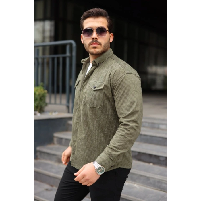Erkek Uzun Kollu Cepli Kadife Gömlek