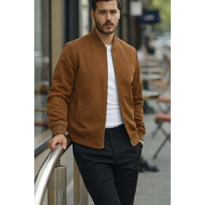 Erkek Uzun Kollu önden Fermuarlı Süet Ceket