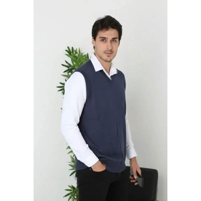 Erkek V Yaka Kolsuz Süveter Triko Kazak Yumuşak Dokulu Pamuklu Ince Dokuma Rahat Regular Kalıp - Lacivert