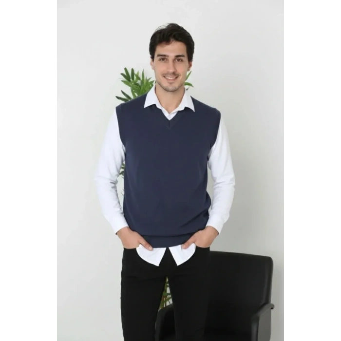 Erkek V Yaka Kolsuz Süveter Triko Kazak Yumuşak Dokulu Pamuklu Ince Dokuma Rahat Regular Kalıp - Lacivert
