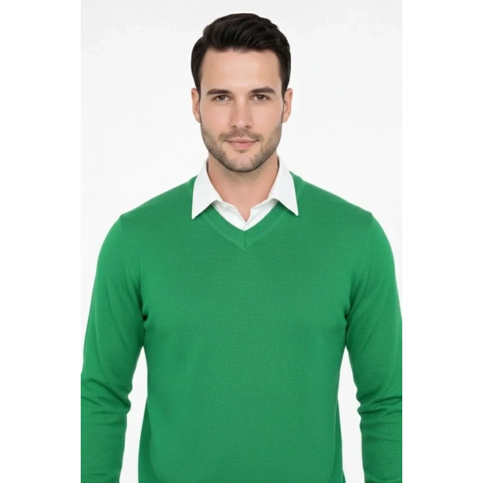 Erkek V Yaka Triko Kazak Yumuşak Dokulu Pamuklu Ince Dokuma, Uzun Kollu Rahat Regular Kalıp - Çimen Yeşili