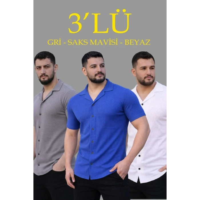 Erkek Waffle Dokuma Açık Yakalı Düğmeli Regular Kalıp 3’lü Gömlek Seti - Gri, Saks Mavisi, Beyaz