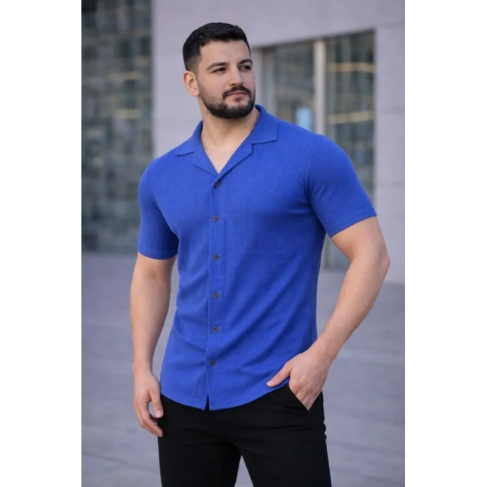 Erkek Waffle Dokuma Açık Yakalı Düğmeli Regular Kalıp 3’lü Gömlek Seti - Gri, Saks Mavisi, Beyaz