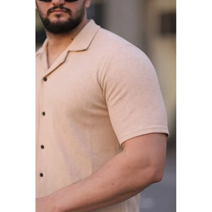 Erkek Waffle Kumaş Kısa Kollu Düğmeli Açık Yaka Regular Fit Gömlek - Bej