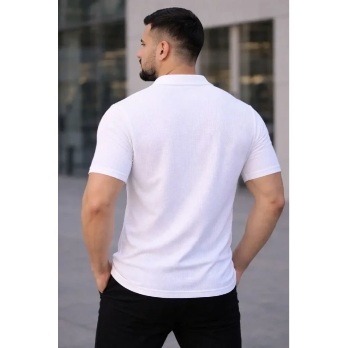 Erkek Waffle Kumaş Kısa Kollu Düğmeli Açık Yaka Regular Fit Gömlek - Beyaz