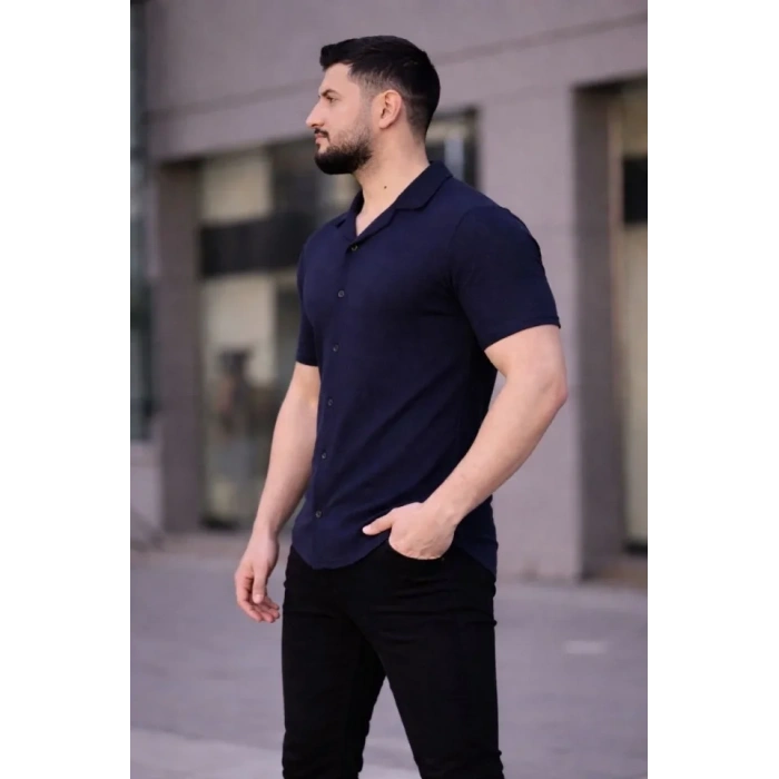Erkek Waffle Kumaş Kısa Kollu Düğmeli Açık Yaka Regular Fit Gömlek - Lacivert