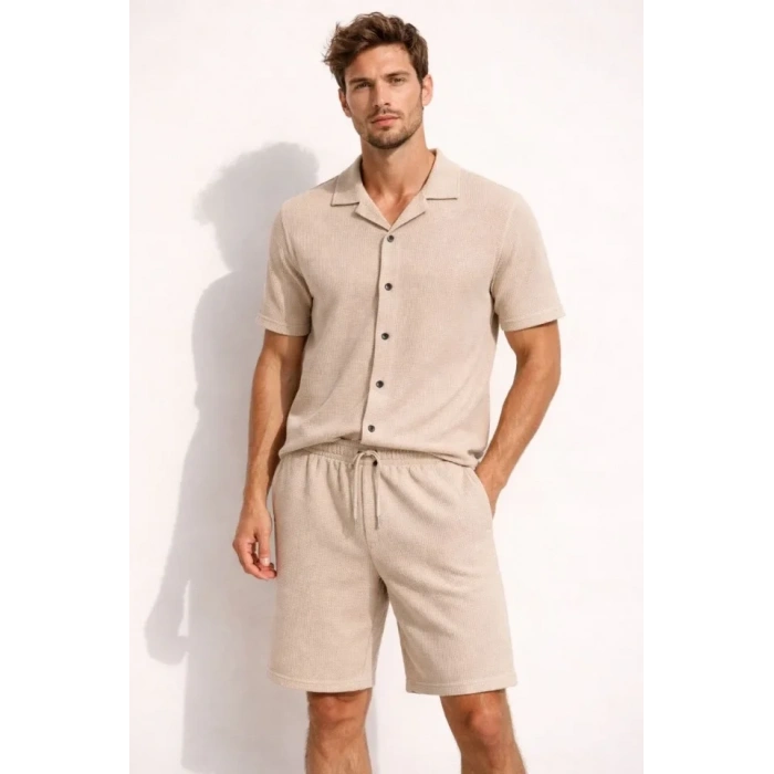 Erkek Waffle Kumaş Kısa Kollu Gömlek Şort Takım Regular Fit Yazlık İkili Set - Bej