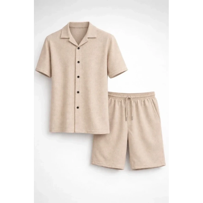 Erkek Waffle Kumaş Kısa Kollu Gömlek Şort Takım Regular Fit Yazlık İkili Set - Bej