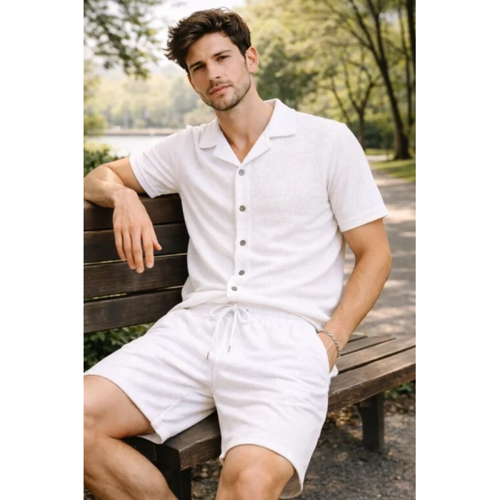 Erkek Waffle Kumaş Kısa Kollu Gömlek Şort Takım Regular Fit Yazlık İkili Set - Beyaz