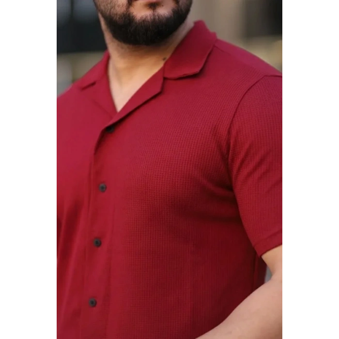 Erkek Waffle Kumaş Kısa Kollu Gömlek Şort Takım Regular Fit Yazlık İkili Set - Bordo