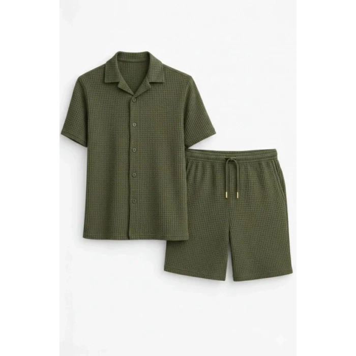 Erkek Waffle Kumaş Kısa Kollu Gömlek Şort Takım Regular Fit Yazlık İkili Set - Haki