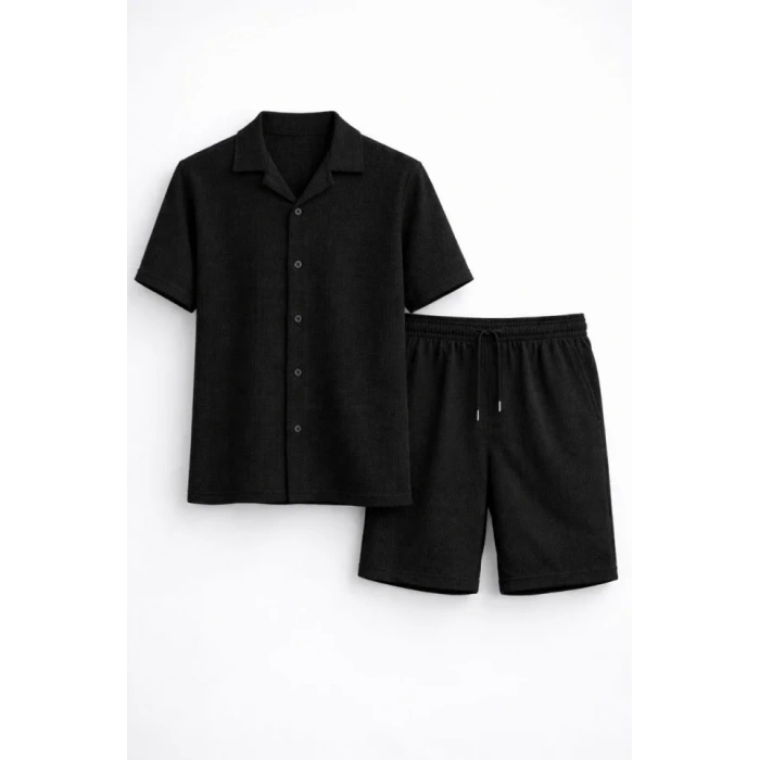 Erkek Waffle Kumaş Kısa Kollu Gömlek Şort Takım Regular Fit Yazlık İkili Set - Siyah