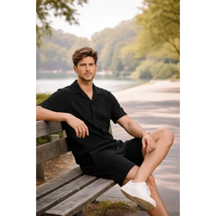 Erkek Waffle Kumaş Kısa Kollu Gömlek Şort Takım Regular Fit Yazlık İkili Set - Siyah