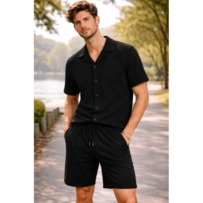 Erkek Waffle Kumaş Kısa Kollu Gömlek Şort Takım Regular Fit Yazlık İkili Set - Siyah