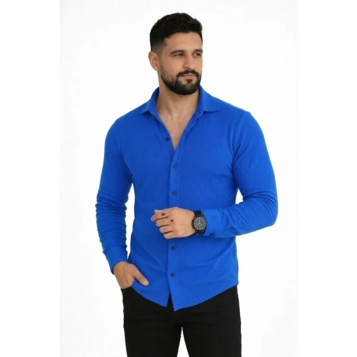 Erkek Waffle Kumaş Uzun Kollu Düğmeli Açık Yaka Regular Fit Gömlek - Saks Mavisi