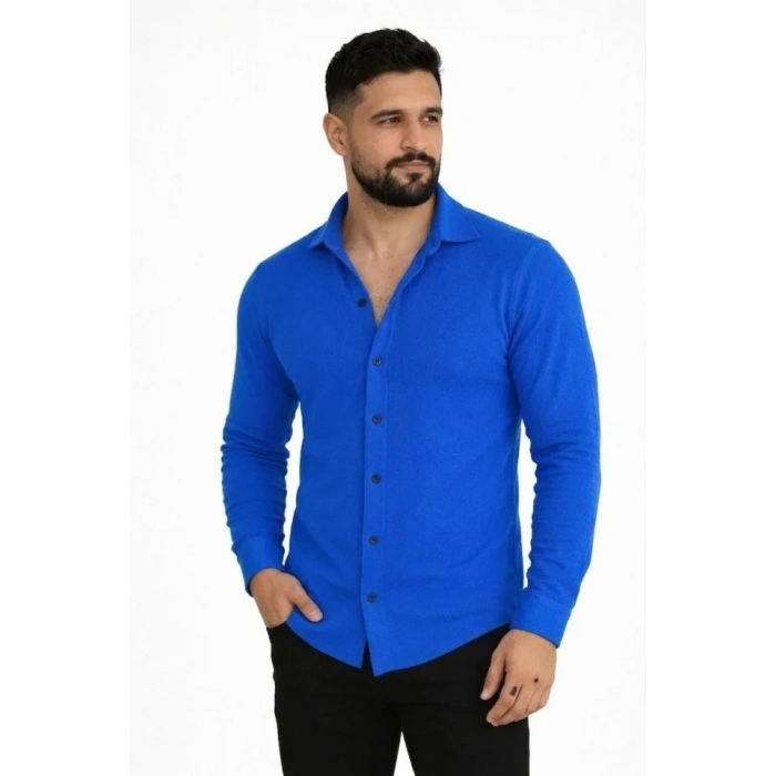 Erkek Waffle Kumaş Uzun Kollu Düğmeli Açık Yaka Regular Fit Gömlek - Saks Mavisi