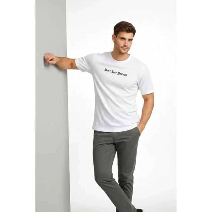 Erkek Wafıl Kumaş Tişört Regular Kalıp Bisiklet Yaka Baskılı Günlük Basic T-Shirt - Beyaz