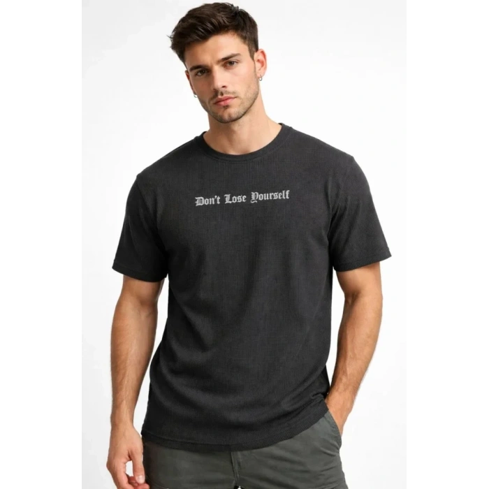 Erkek Wafıl Kumaş Tişört Regular Kalıp Bisiklet Yaka Baskılı Günlük Basic T-Shirt - Siyah