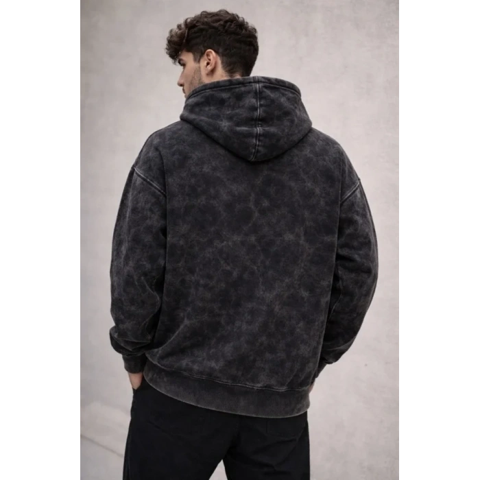 Erkek Yağ Yıkamalı Kapşonlu Double Oversize Üç İplik Pamuklu Sweatshirt - Siyah