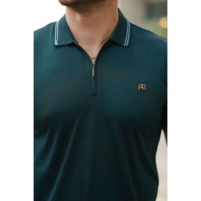 Erkek Yaka Ve Kolları çizgi Detaylı Fermuar Yakalı Kısa Kollu Tişört