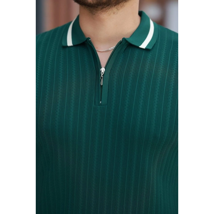 Erkek Yaka Ve Kolları çizgi Detaylı Fermuarlı Kısa Kollu T-shirt