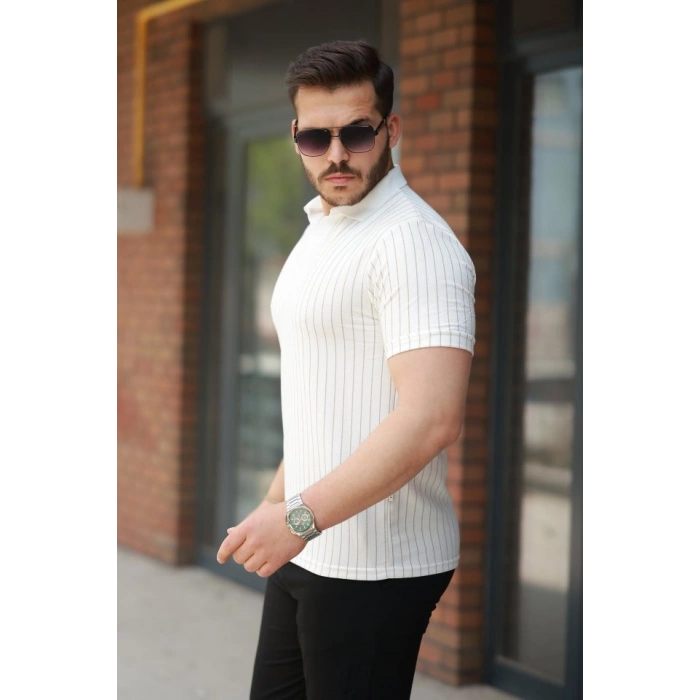 Erkek Yakalı çizgi Desenli Kısa Kollu Tişört