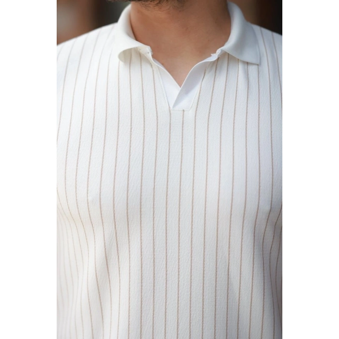 Erkek Yakalı çizgi Desenli Kısa Kollu Tişört