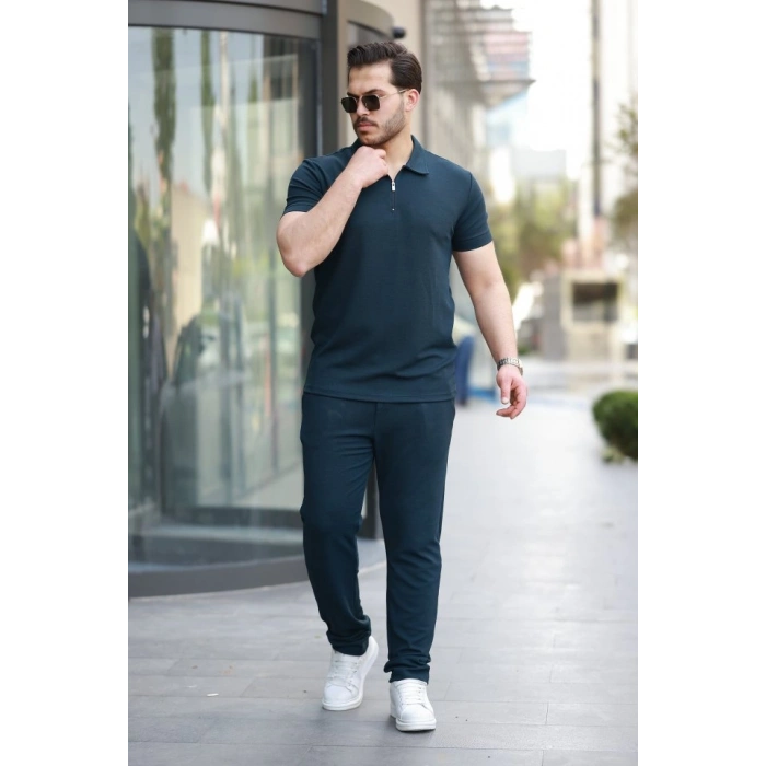 Erkek Yakalı Fermuarlı T-shirt Pantolon Ikili Rahat Takım