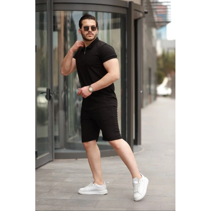 Erkek Yakalı Fermuarlı T-shirt şort Ikili Takım