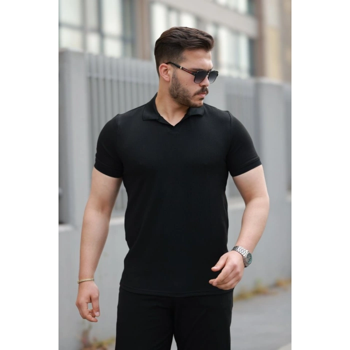 Erkek Yakalı Waffle Dokulu Kısa Kollu Tişört