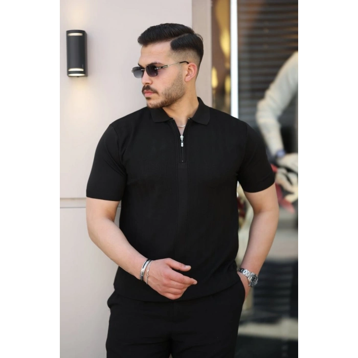 Erkek Yakası Fermuarlı Kısa Kollu T-shirt
