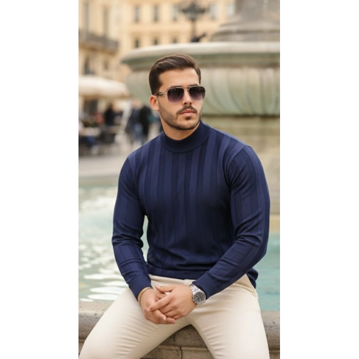 Erkek Yarım Balıkçı Yaka Kabartma Desenli Triko