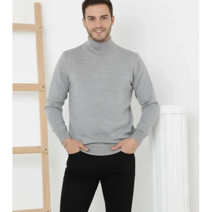 Erkek Yarım Boğaz Triko Kazak Yumuşak Dokulu Pamuklu Ince Dokuma, Uzun Kollu Rahat Regular Kalıp - Gri