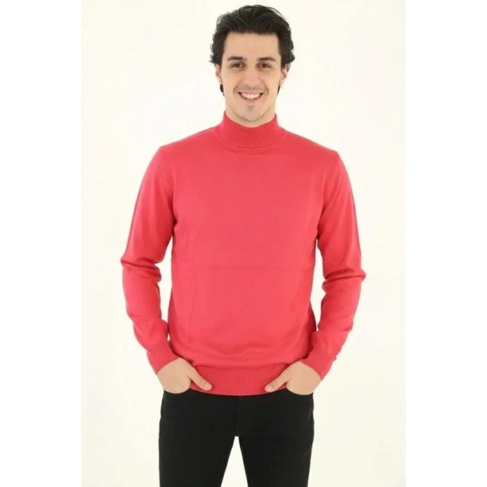 Erkek Yarım Boğaz Triko Kazak Yumuşak Dokulu Pamuklu Ince Dokuma, Uzun Kollu Rahat Regular Kalıp - Pembe