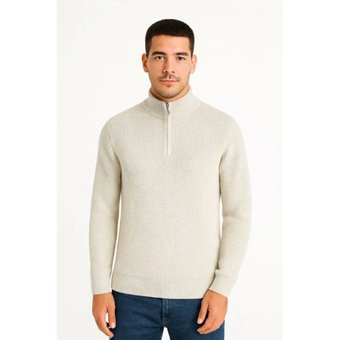 Erkek Yarım Fermuarlı Triko Kazak – Selanik Örgü, Dik Yaka, Pamuklu Dokuma, Regular Fit Uzun Kollu Kışlık Model - Bej