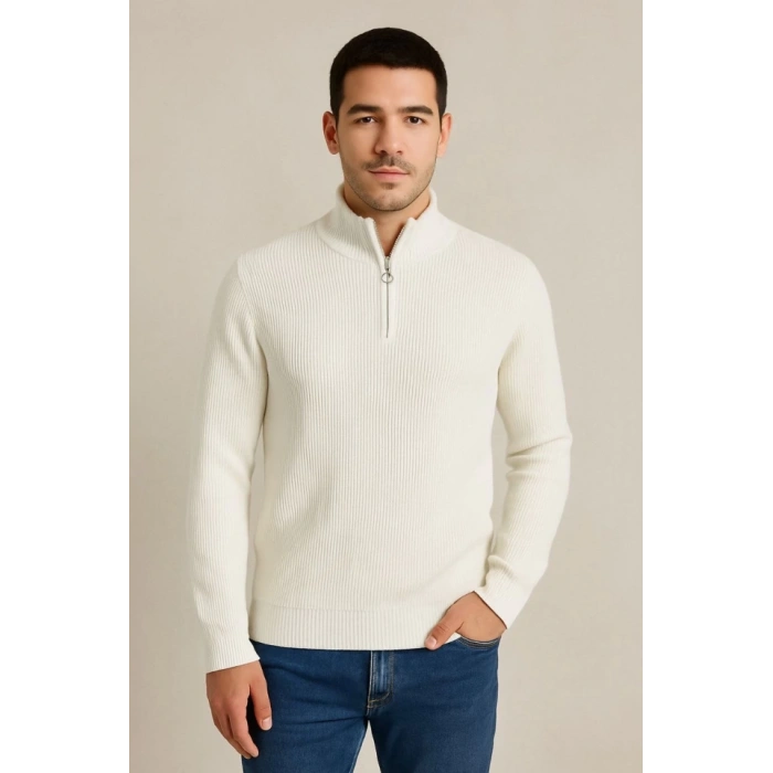 Erkek Yarım Fermuarlı Triko Kazak – Selanik Örgü, Dik Yaka, Pamuklu Dokuma, Regular Fit Uzun Kollu Kışlık Model - Beyaz