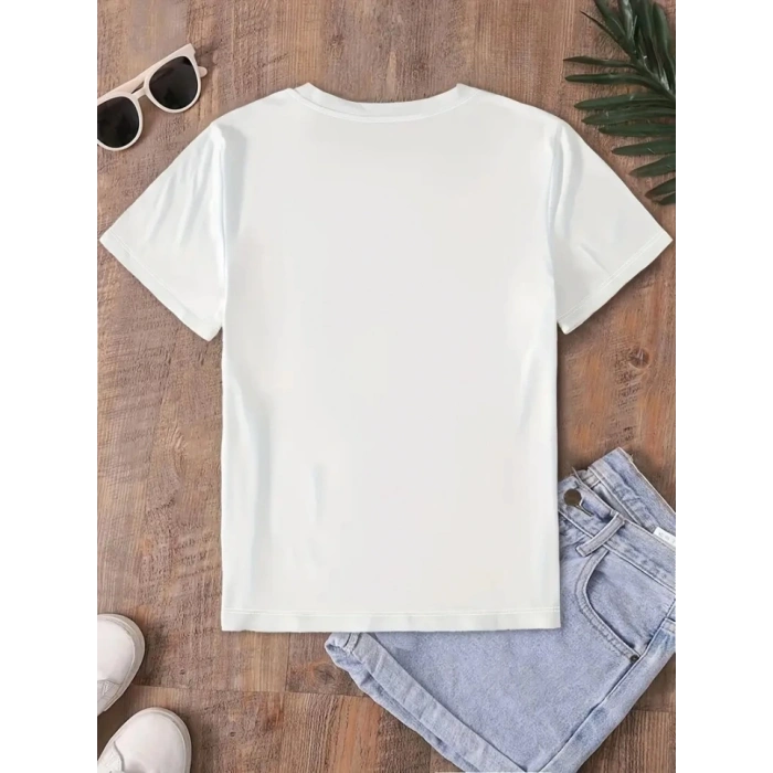 Fiyonk Baskılı Oversize Bisiklet Yaka T-shirt - Beyaz