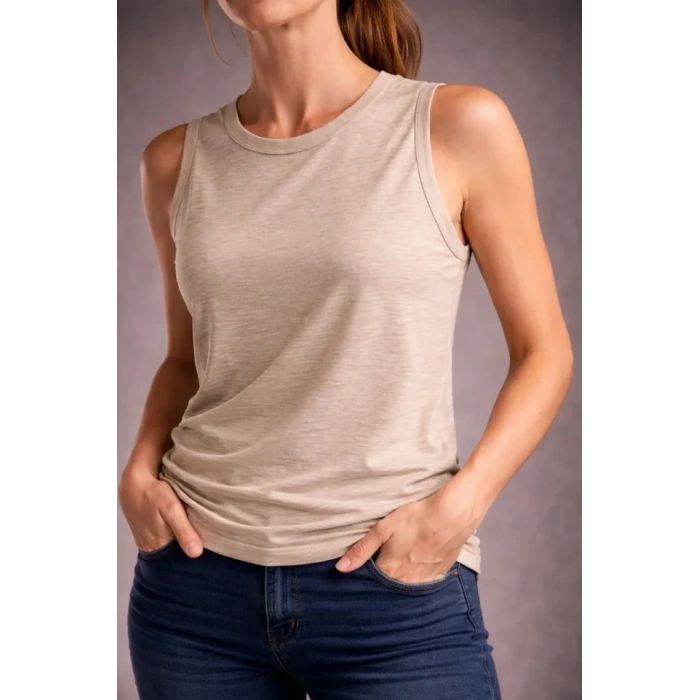 Flamlı Kumaş Sıfır Kolsuz Atlet Basic Spor Üst, Günlük Ve Fitness Kullanımına Uygun - Taş