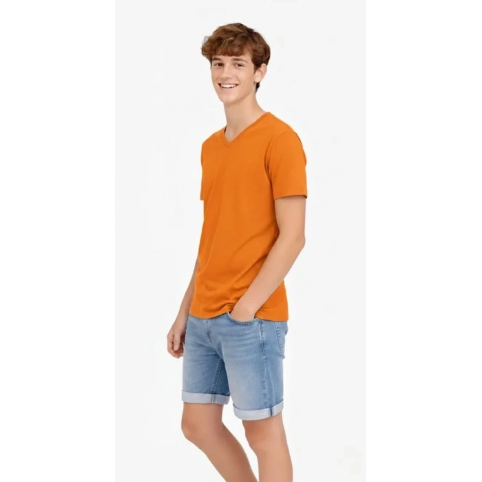 Genç Erkek Çocuk V Yaka Tişört Yazlık Model Günlük Basic Body - Turuncu