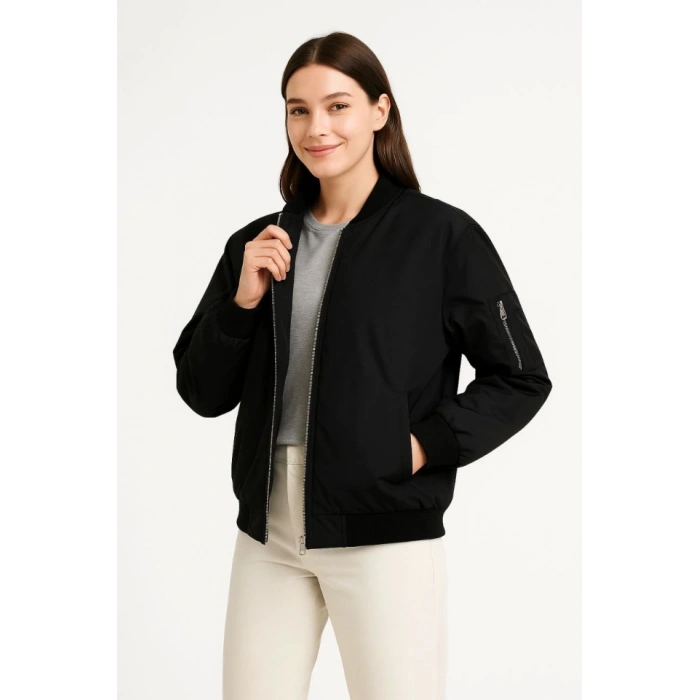 Içi Astarlı Fermuarlı Bomber Mont Ceket - Siyah