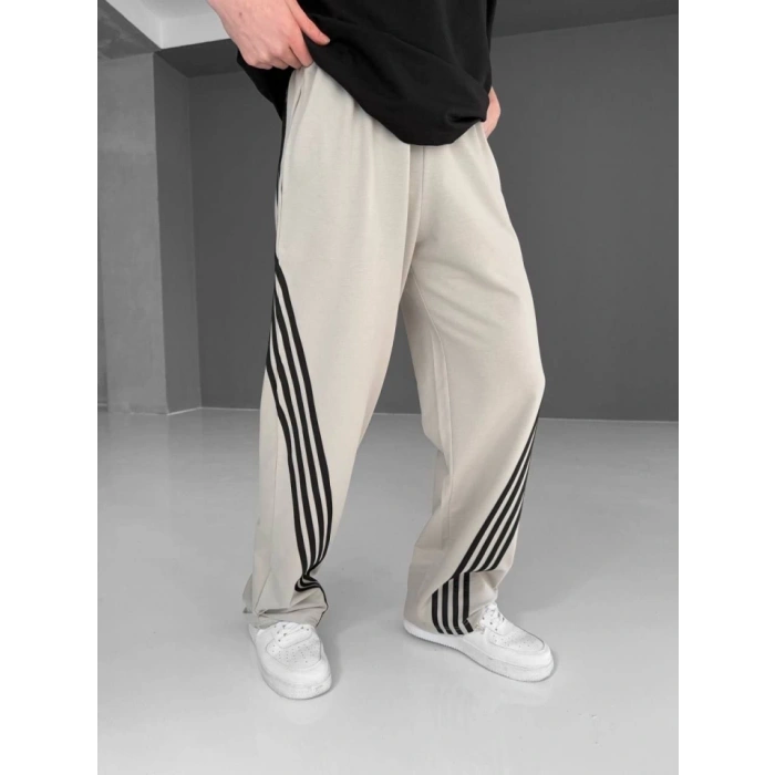 İki İplik Kumaş Şeritli Alt Esofman - Bej