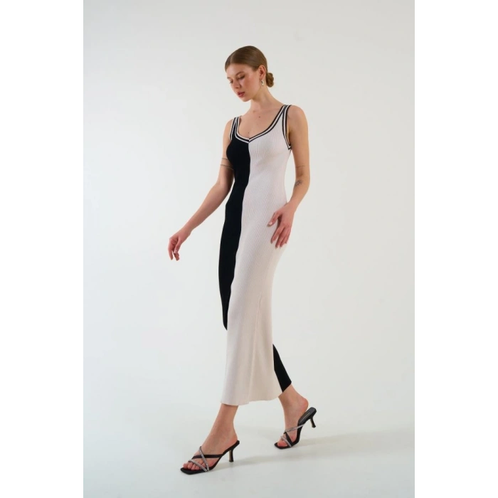 İki Renki Kolsuz Elbise - Siyah-Krem