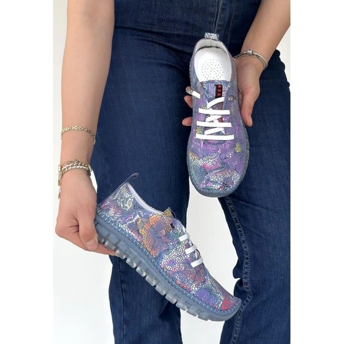 Kinte Mor Desenli Deri Bağcıklı Spor Ayakkabı