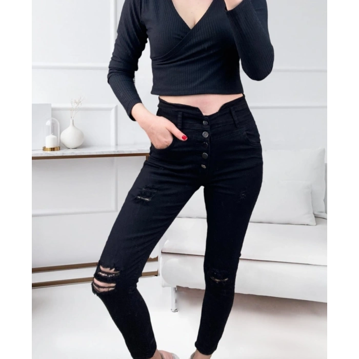 Kadın 5 Düğmeli V Detay Bel Yırtık Kot