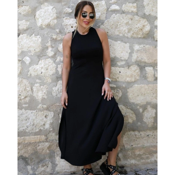 Kadın Arkadan çapraz Detay Yuvarlak Yaka Maksi Viskon Elbise